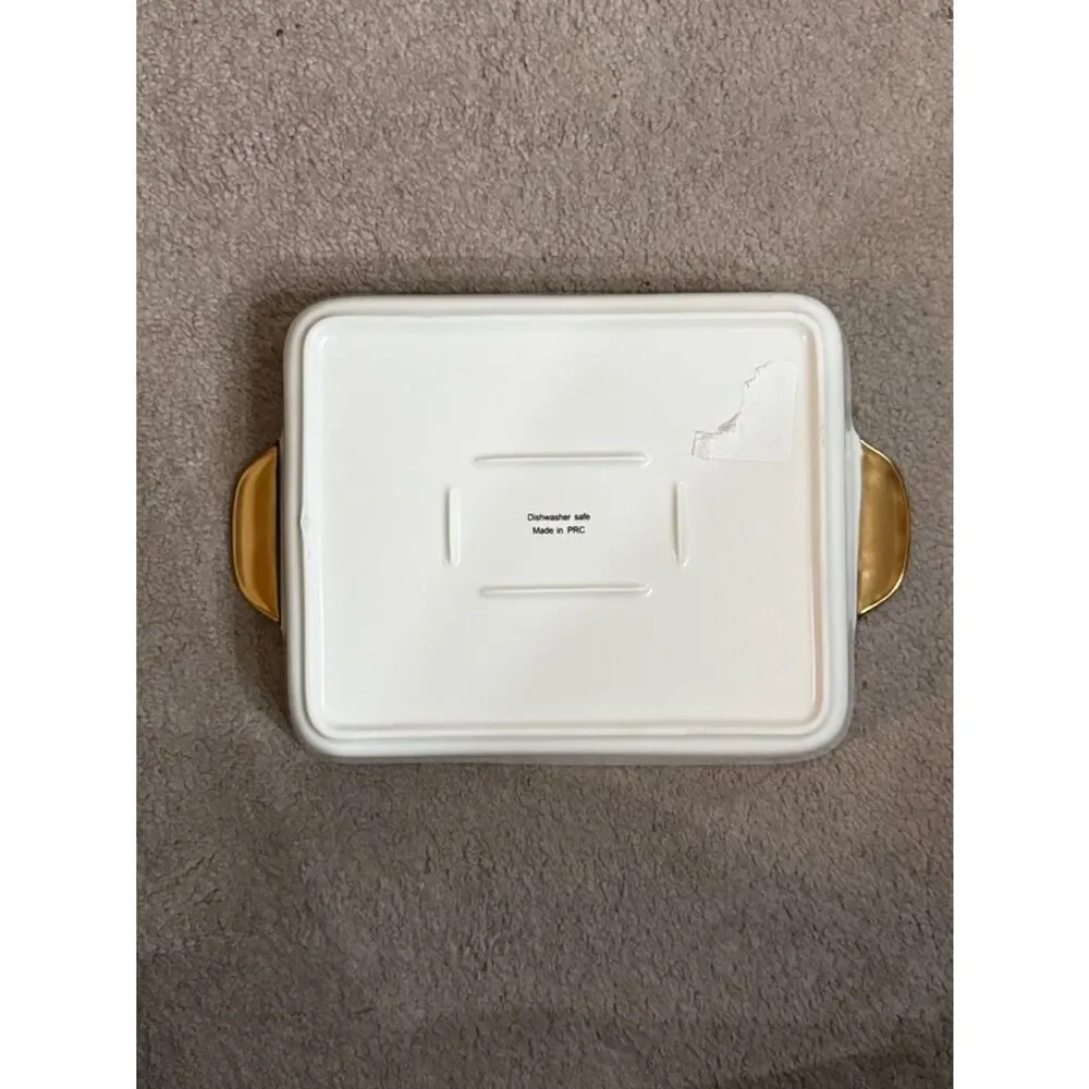 White Ceramic Bake Dish with Gold Trim